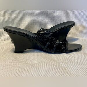 Black Braided Strap Patent Wedge Sandals - Women